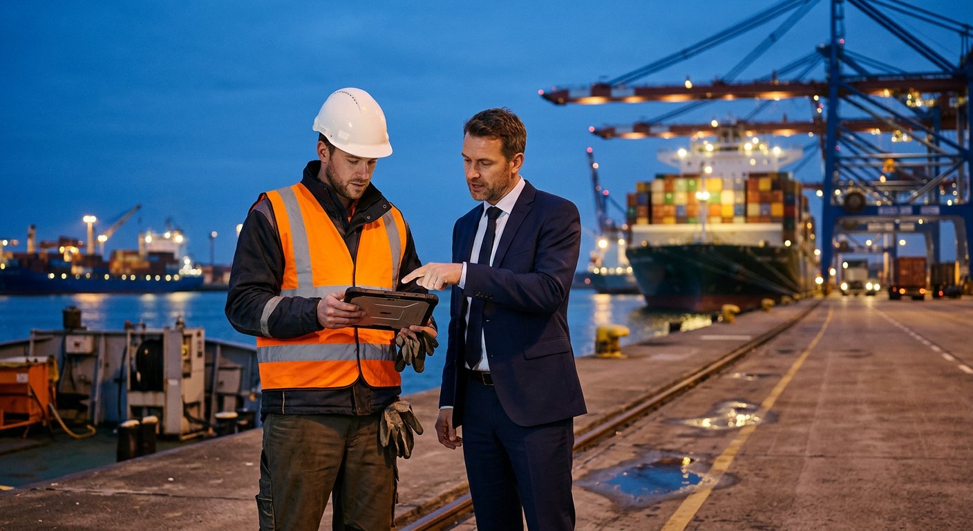 Two professionals reviewing shipping documents on a quayside at dusk