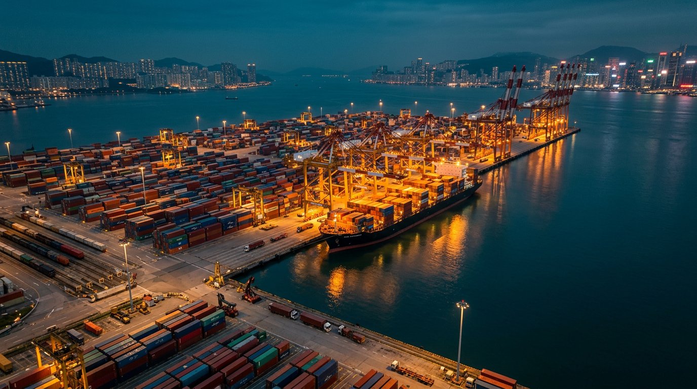 Container terminal at dusk with gantry cranes, stacked containers and a moored cargo ship
