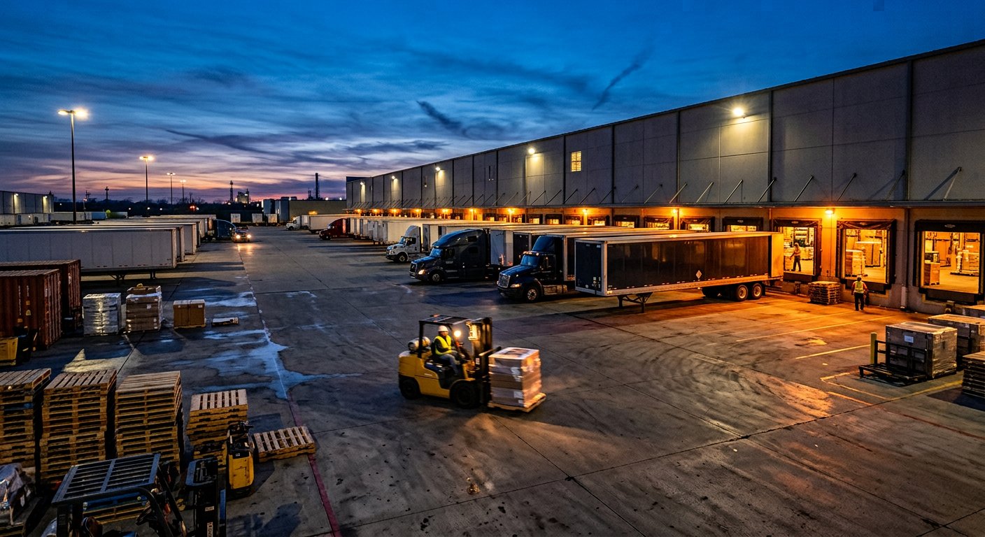 Warehouse loading yard at dusk with trailers, pallets and a forklift