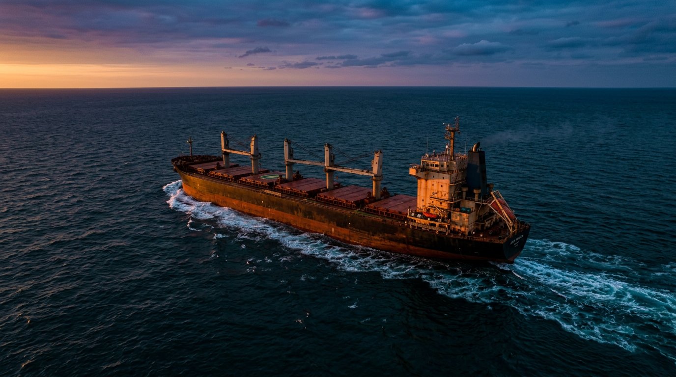Bulk carrier underway on deep blue ocean