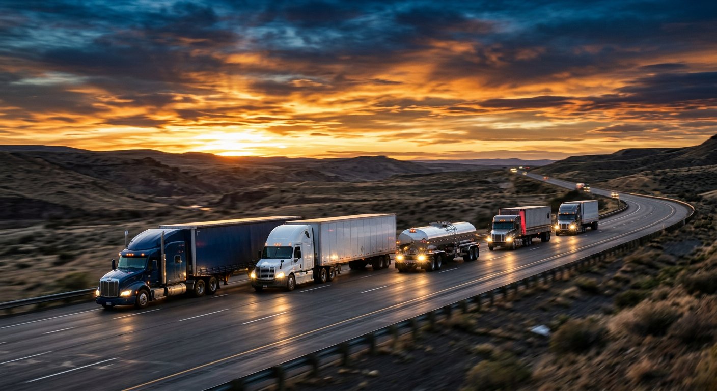Heavy trucks on a highway at sunset